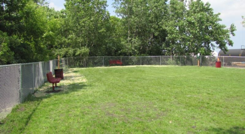 A large grassy area surrounded by chain link fence.