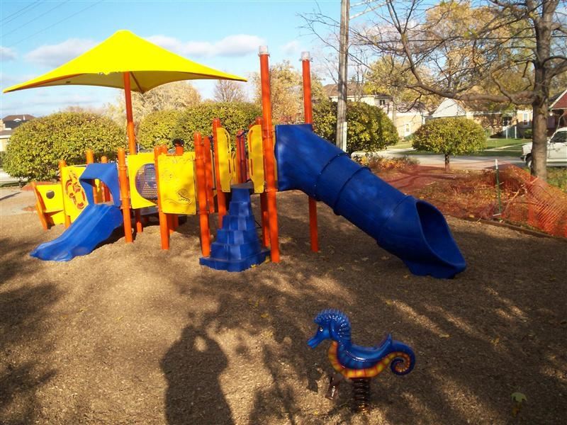 Orange and blue play equipment.